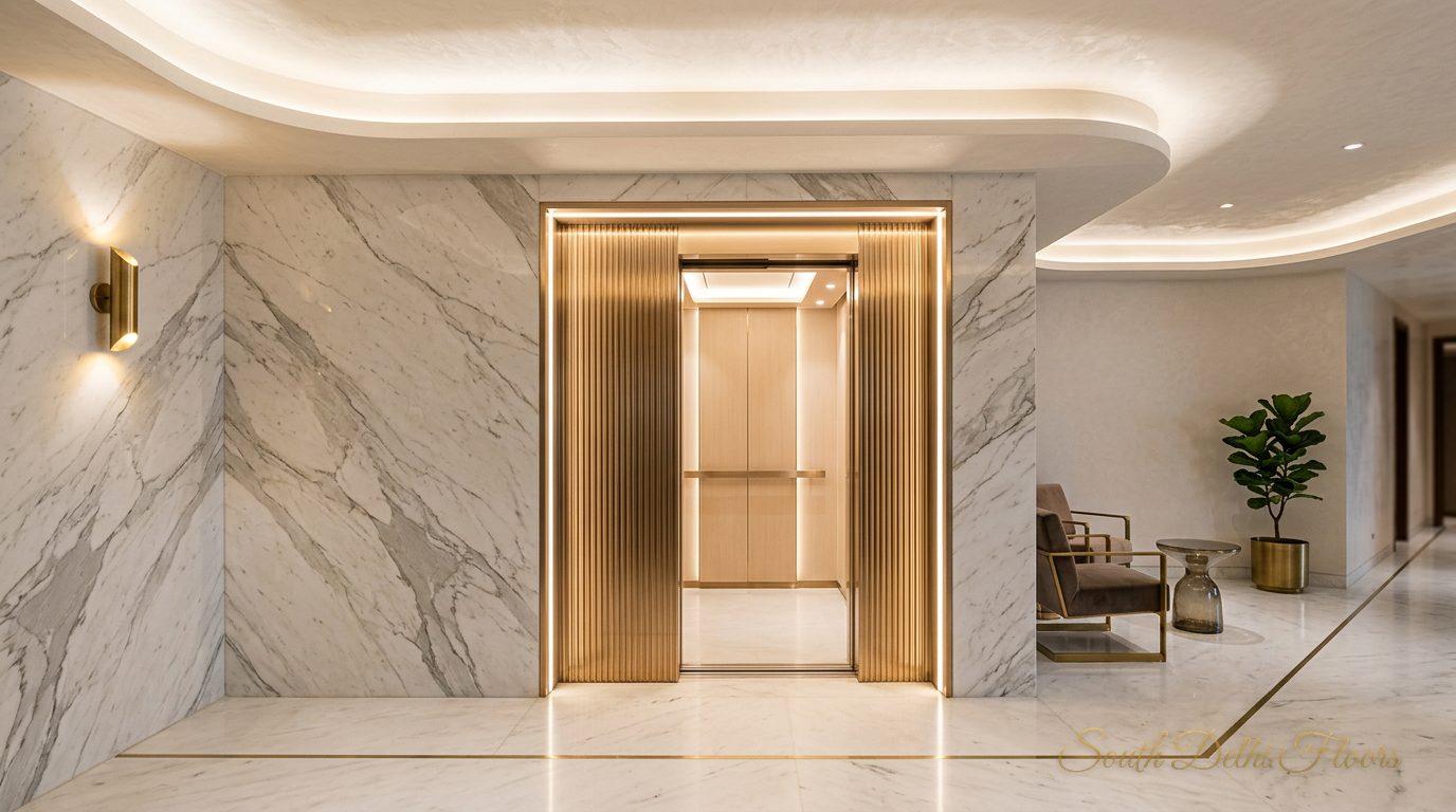 Private lift with bronze doors and Italian marble walls under 11-ft ceilings in the corner duplex in Panchsheel Park