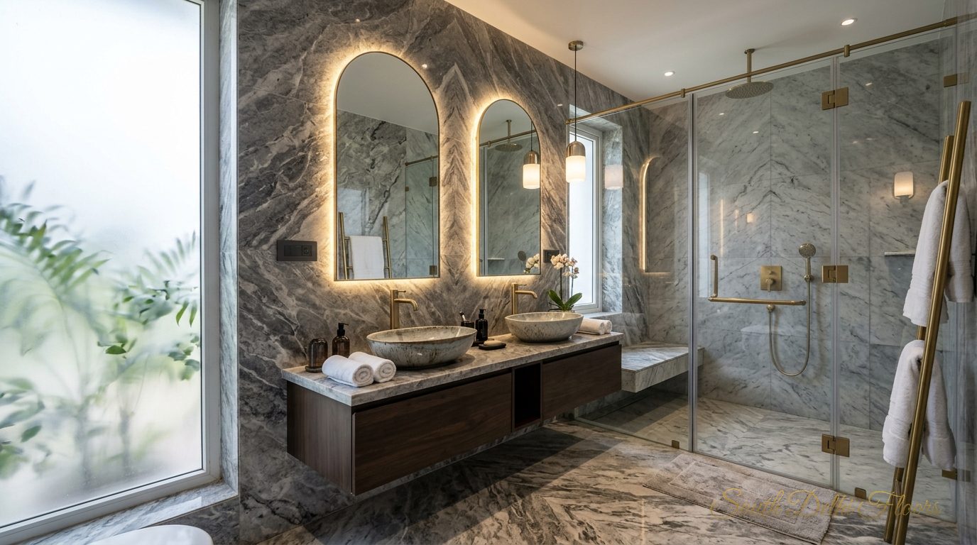 Master bathroom with grey marble, twin arched mirrors and a double vanity in the 4 BHK in Panchsheel Park