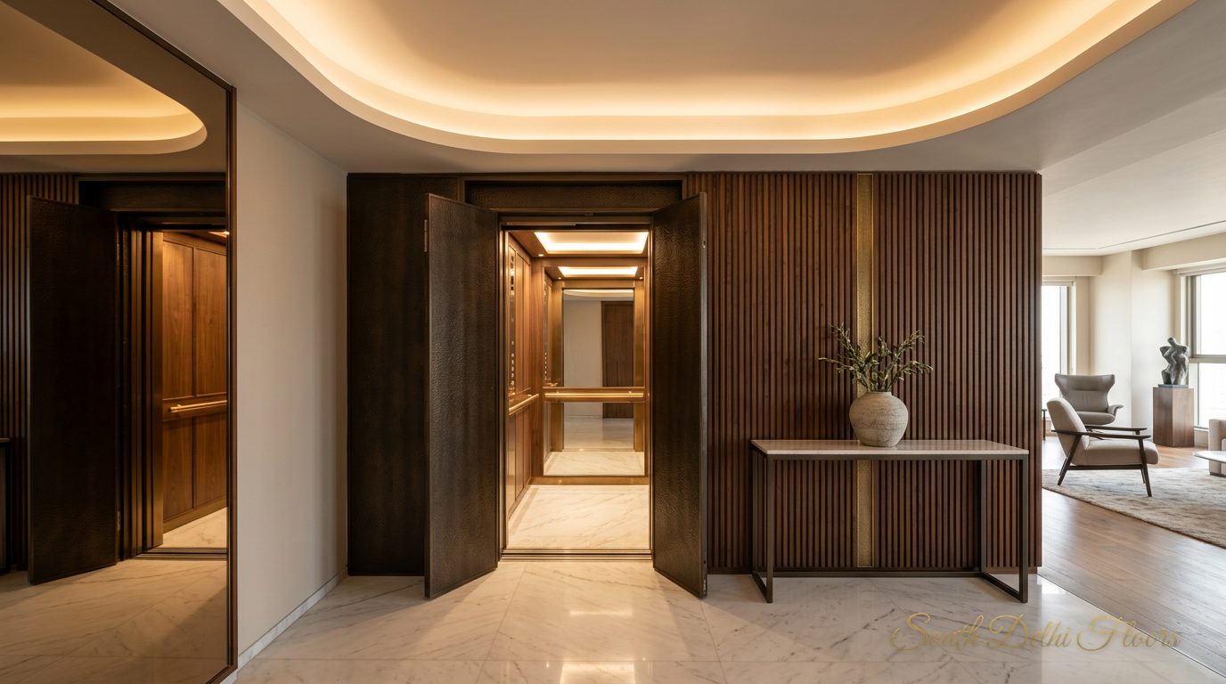 Private lift landing opening into the 4 BHK in Panchsheel Park, with a marble lobby and walnut panelling