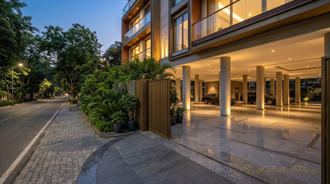 Stilt parking and private driveway at dusk under the new building of the 4 BHK in Panchsheel Park, N Block