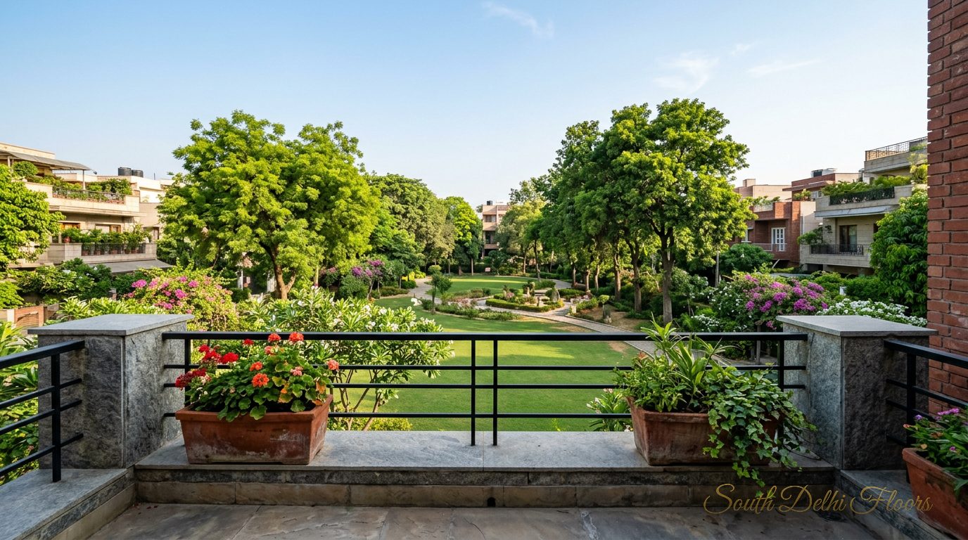 Balcony of the park facing flat in Vasant Vihar looking across the E Block park
