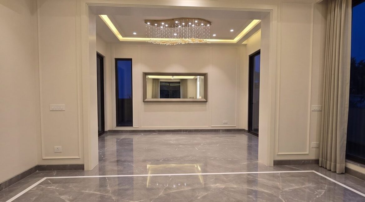 Park facing flat in Vasant Vihar – lounge and dining vista