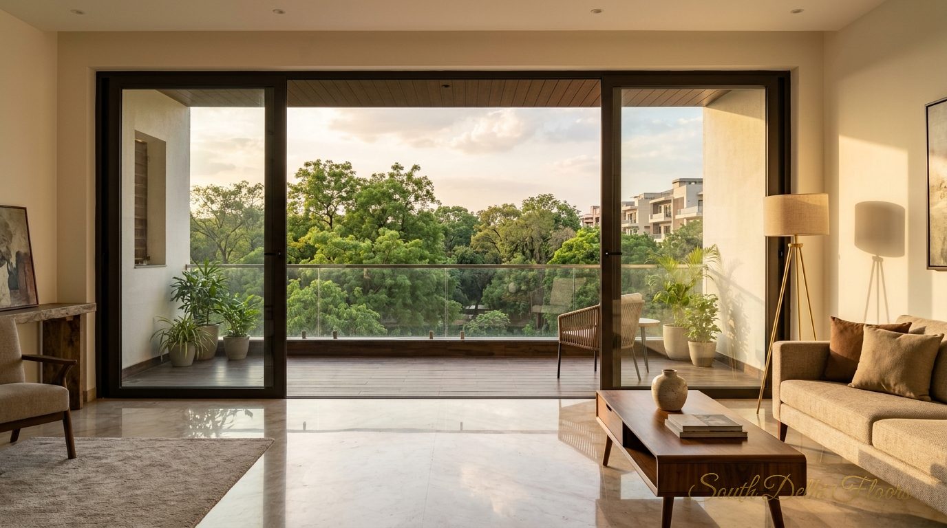 Park-facing floor in GK-1 living room opening onto a balcony above the park
