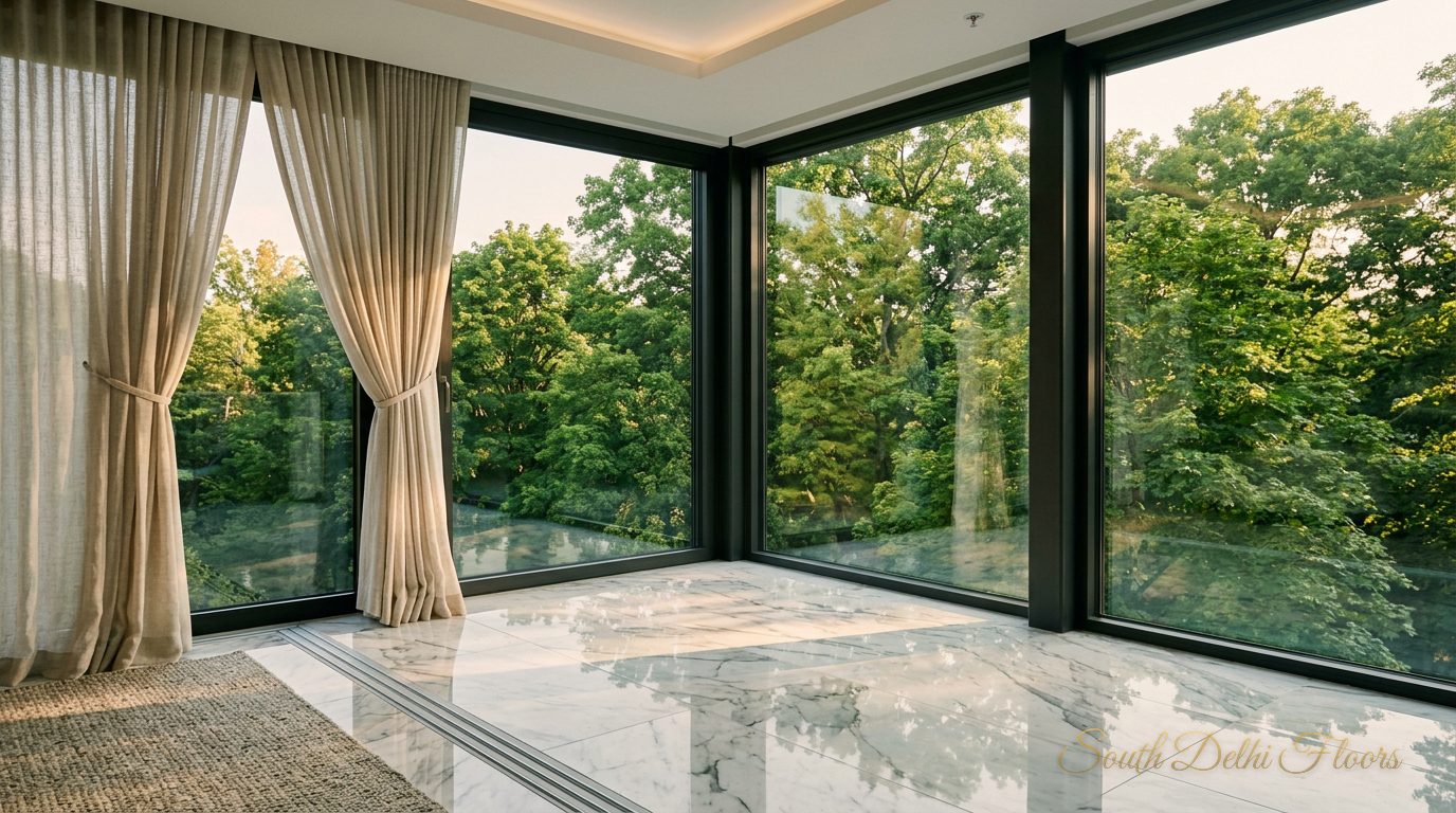 Full-height glazing onto the park with afternoon light on the marble floor of the Maharani Bagh builder floor