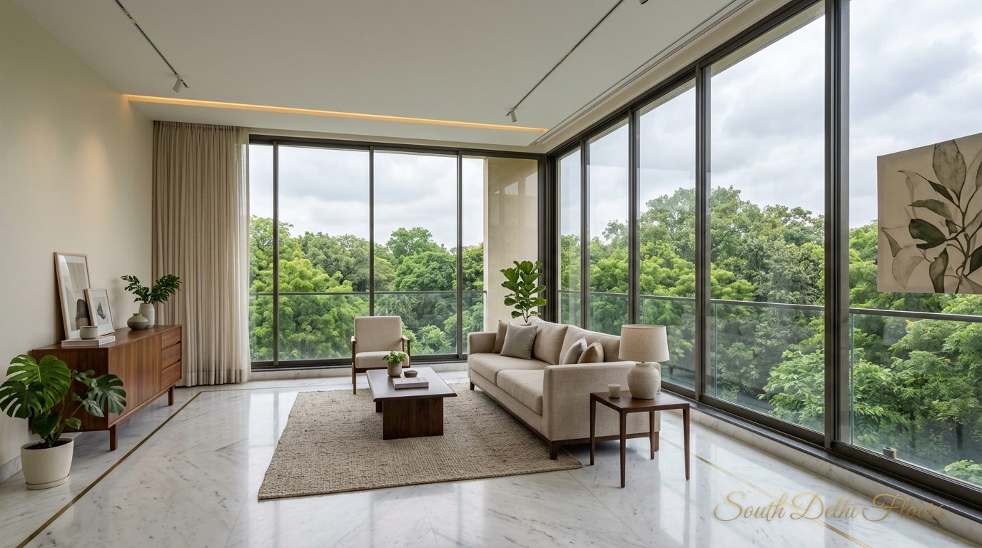 North-facing living room of the penthouse in Anand Niketan with floor-to-ceiling glazing onto the park