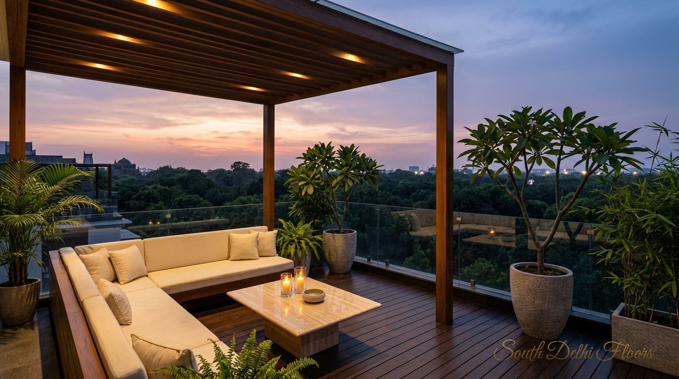 Rooftop lounge of the penthouse in Anand Niketan at dusk, with seating under a pergola and the park canopy beyond