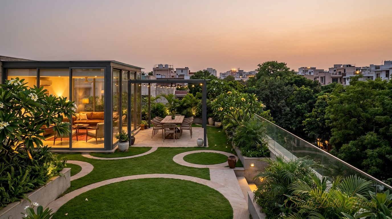 Terrace garden of the penthouse in Pamposh Enclave at dusk, with a lawn, pergola dining and a glass rooftop lounge
