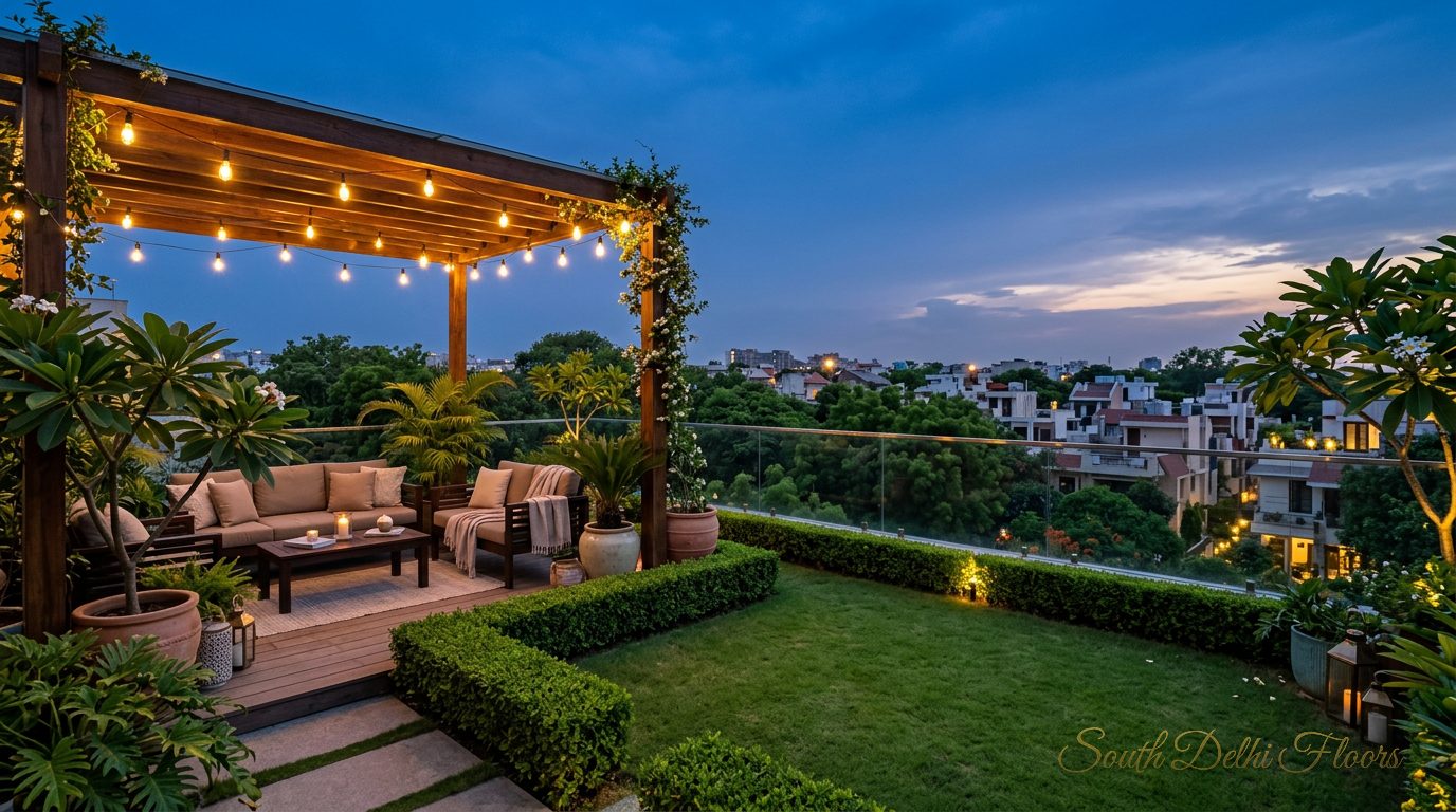 Private terrace garden with a lawn and pergola lounge at the penthouse in Shanti Niketan