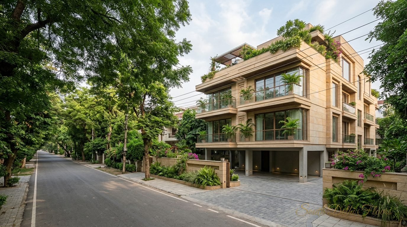 Wide tree-lined road and the boutique building of the penthouse in Shanti Niketan