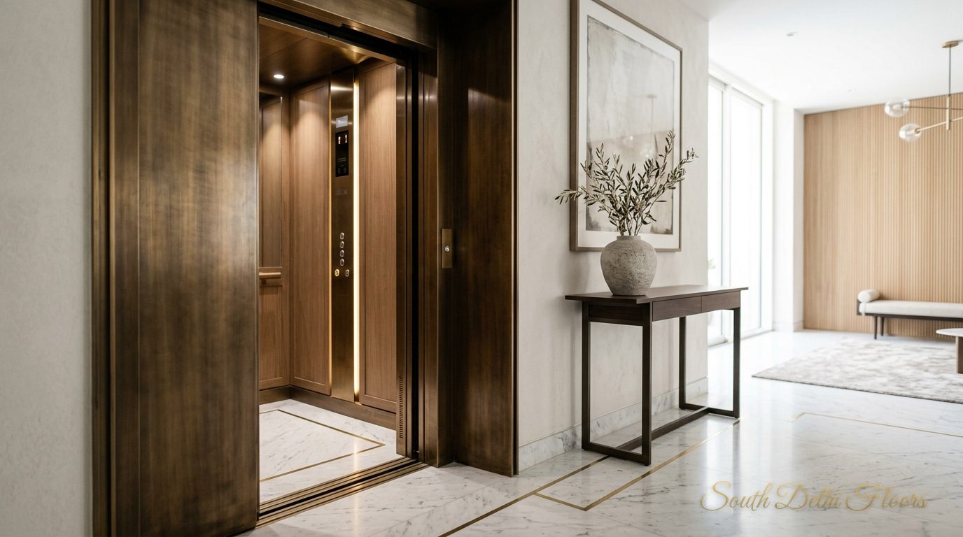 Private lift opening into a marble foyer with a brass inlay in this builder floor in Maharani Bagh