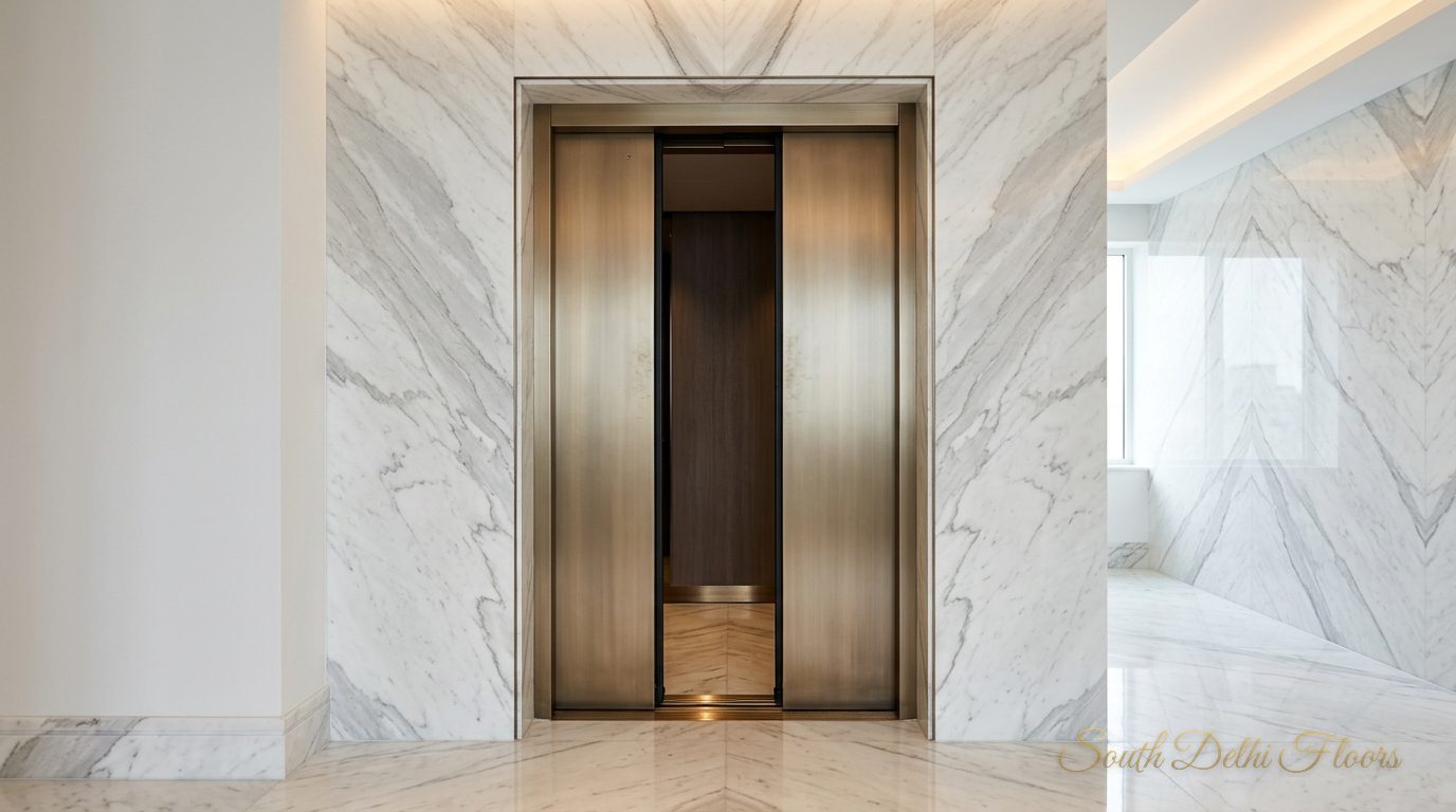 Private lift opening onto Italian marble, as specified for this duplex in Maharani Bagh