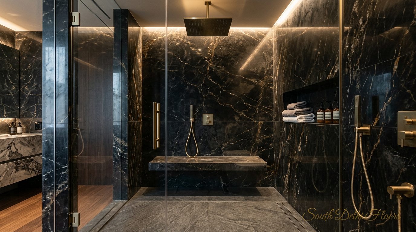 Rain shower behind frameless glass in dark exotic marble with brass fittings, as specified for the builder floor in Maharani Bagh