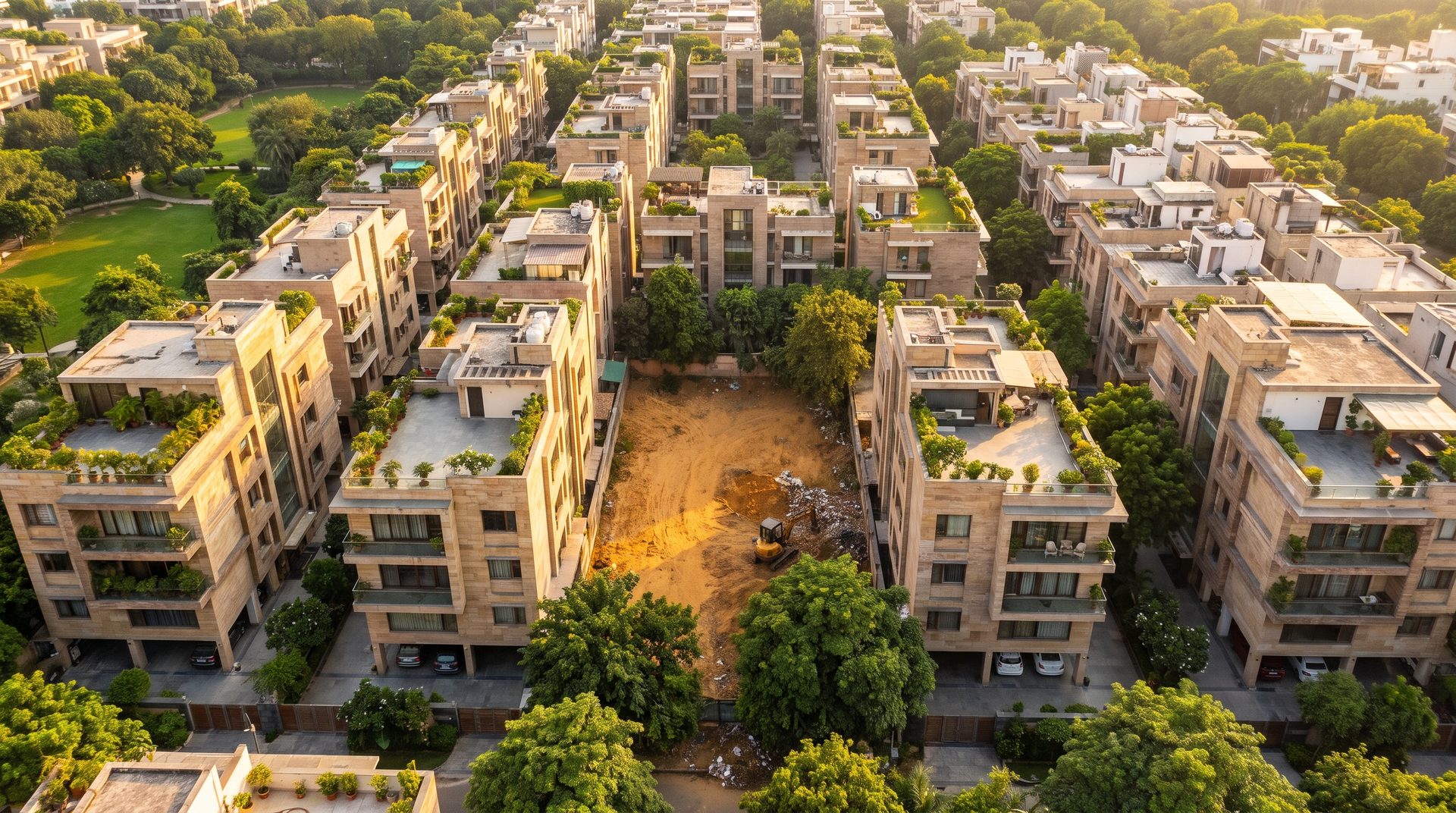 Right time to buy property in South Delhi &mdash; a new stilt-plus-four builder floor on a tree-lined, park-facing South Delhi street at golden hour