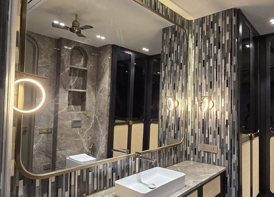 RS Buildtech Bathroom Cane Vanity and Mosaic Tile Wall | Builder Ravinder Singh Marwah
