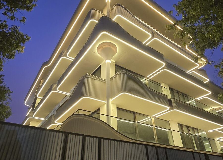 RS Buildtech Night Elevation with LED Edge Lighting | Developer Ravinder Singh Marwah