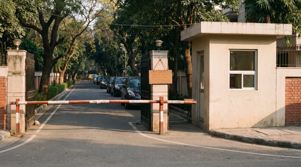 The gate of an upscale South Delhi residential colony with a boom barrier and guard cabin in afternoon light