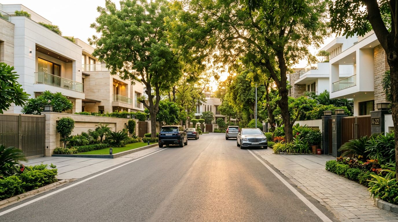 Property in Sadhna Enclave &ndash; grand builder floors on large plots along a quiet South Delhi street
