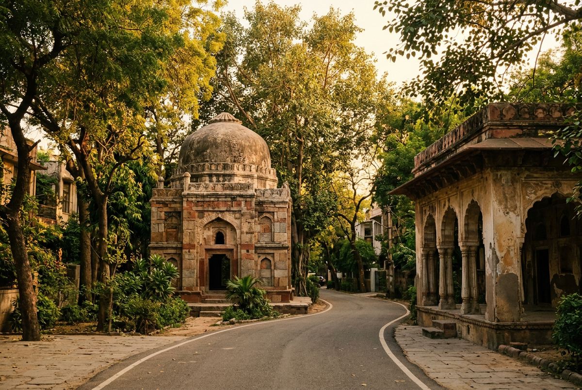 Domed medieval tomb and arcaded baradari among the homes of Sadhna Enclave, South Delhi