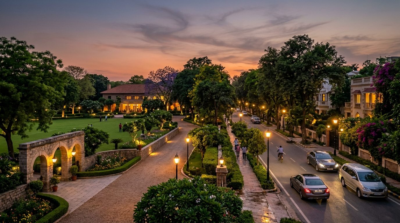Tree-lined avenue and club lawns at dusk near Sadhna Enclave and Panchsheel Park
