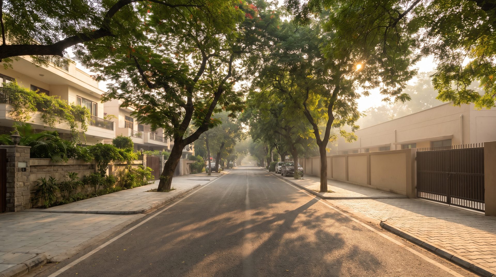 Tree-lined South Delhi colony street at sunrise with a school boundary wall at the end of the road