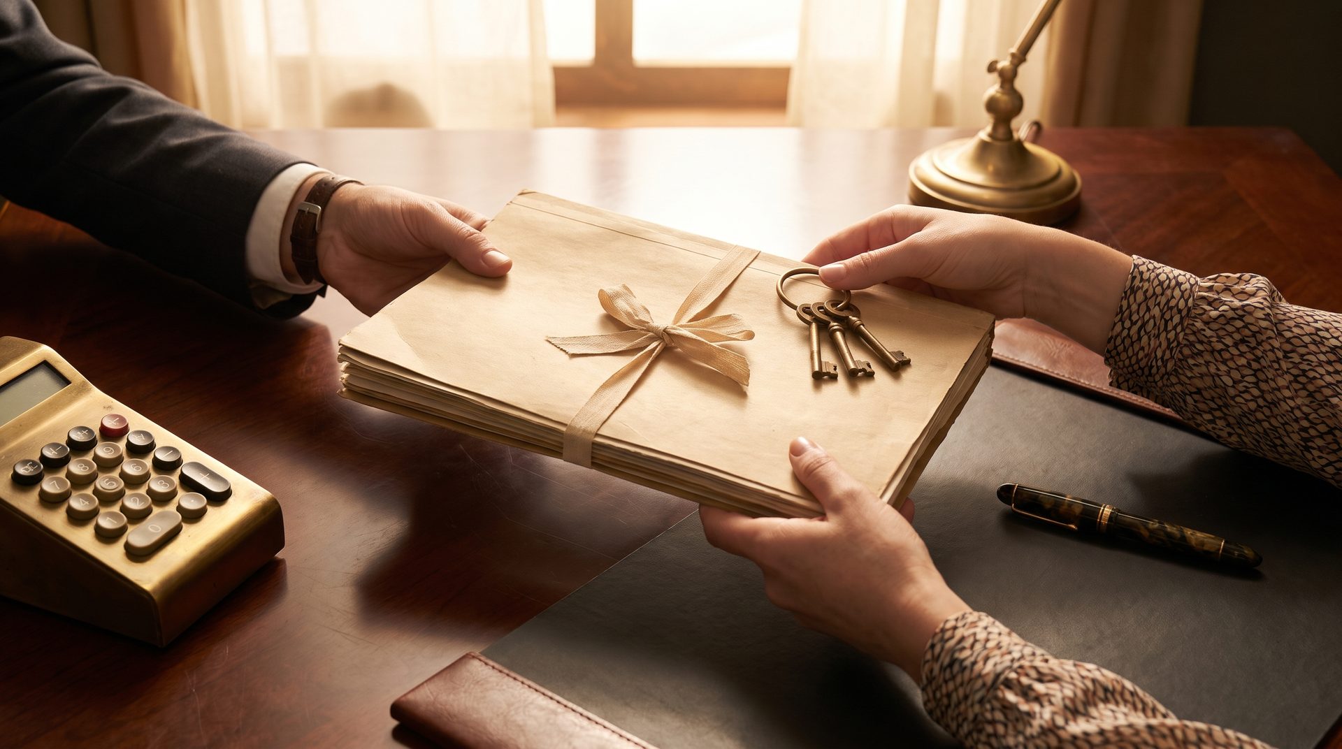 Selling property with home loan in South Delhi &mdash; a loan closure letter and original title deeds on a desk, a stilt-plus-four builder floor in Greater Kailash in the evening light