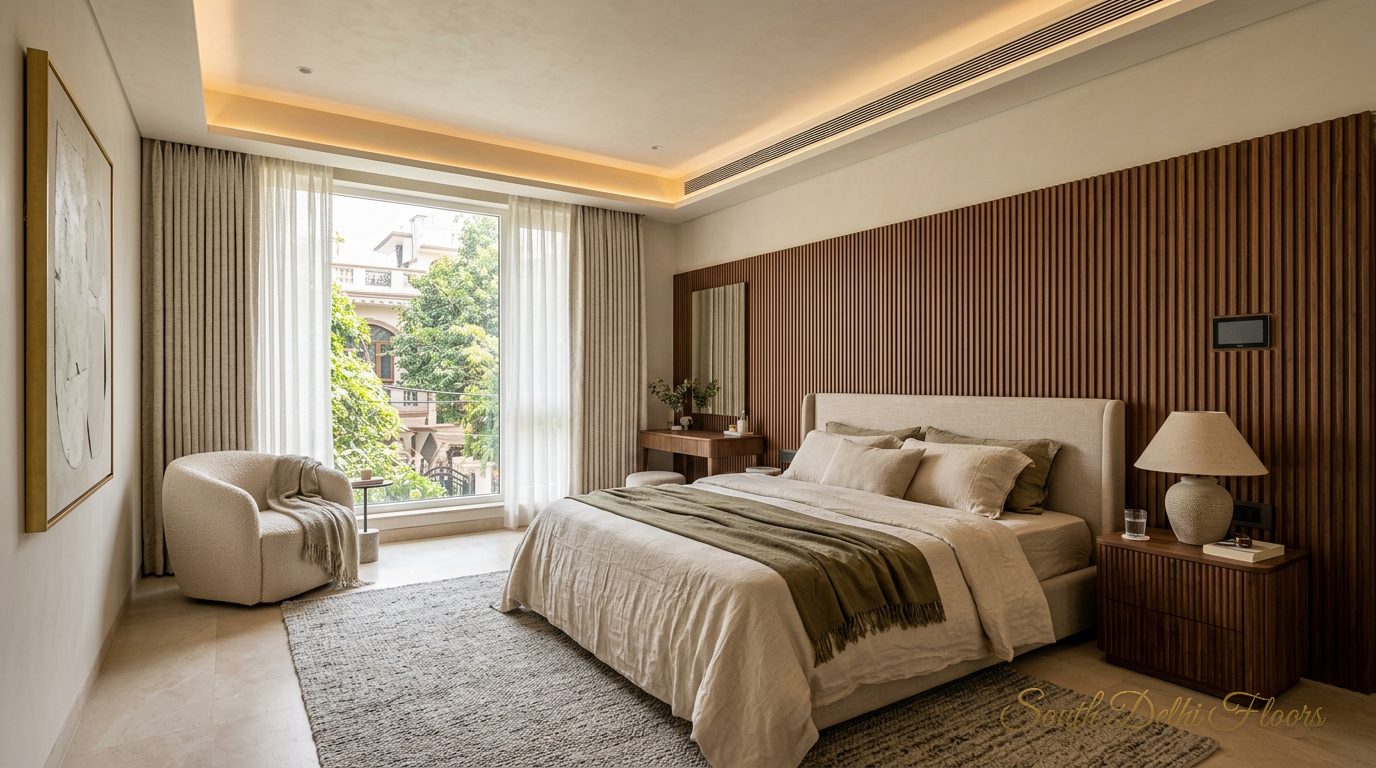 Bedroom with concealed VRV air-conditioning and a home automation panel in the penthouse in Shanti Niketan