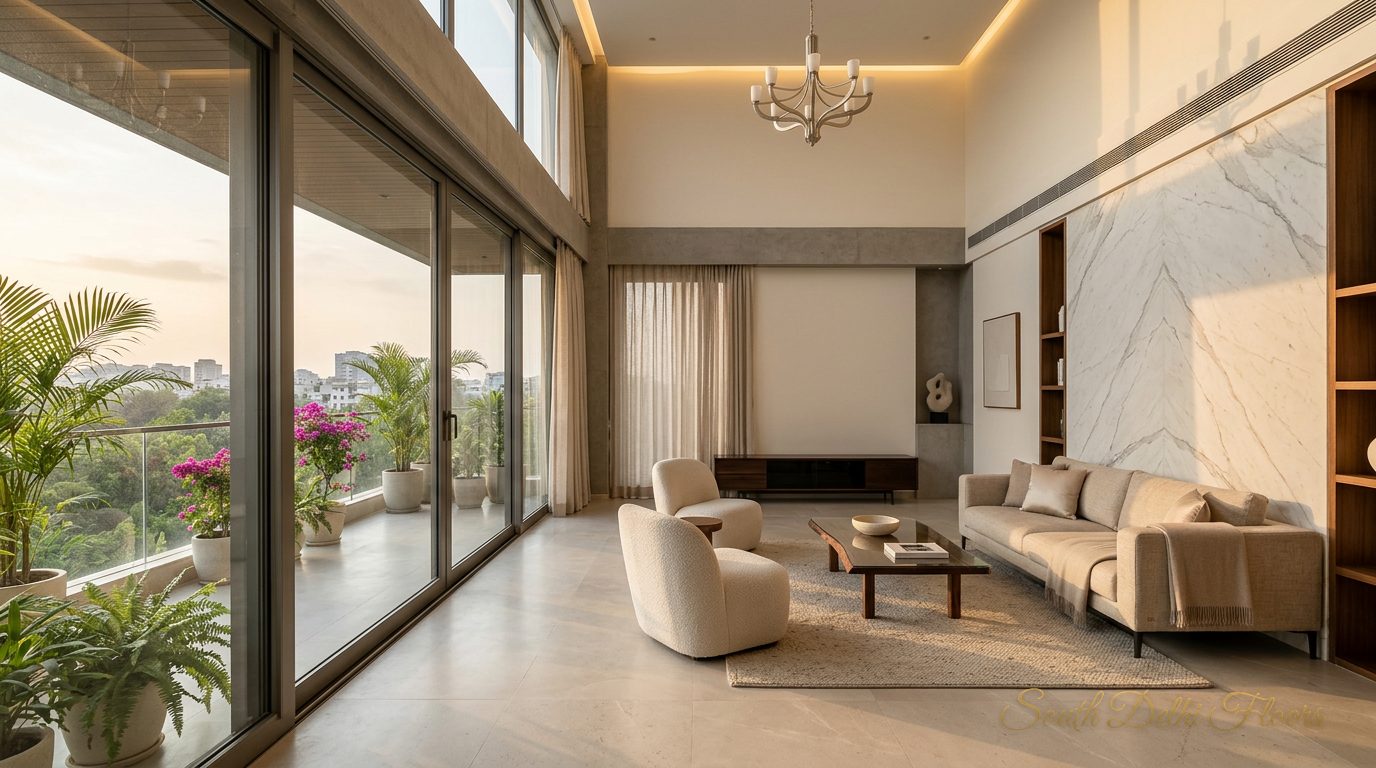 Living room of the penthouse in Shanti Niketan with glass doors opening to the terrace garden