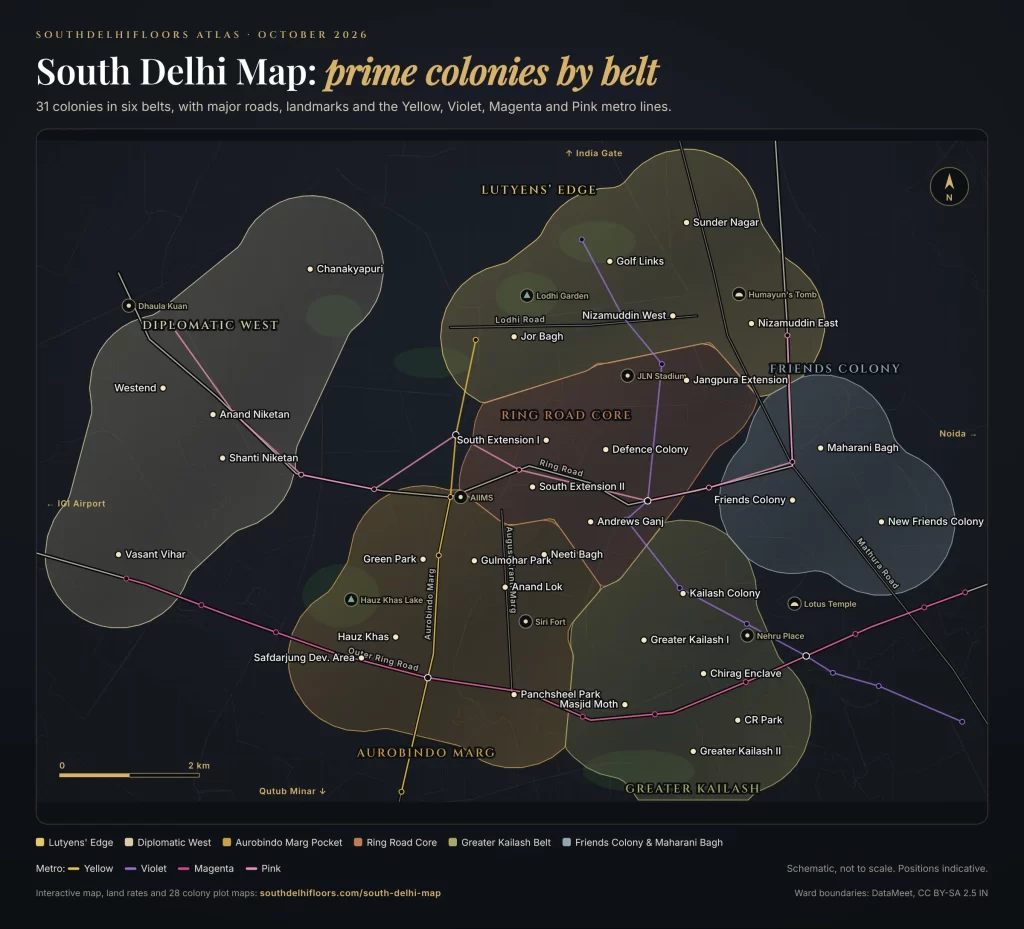 South Delhi map showing 31 posh colonies in six belts, with Ring Road, Outer Ring Road and the Yellow, Violet, Magenta and Pink metro lines