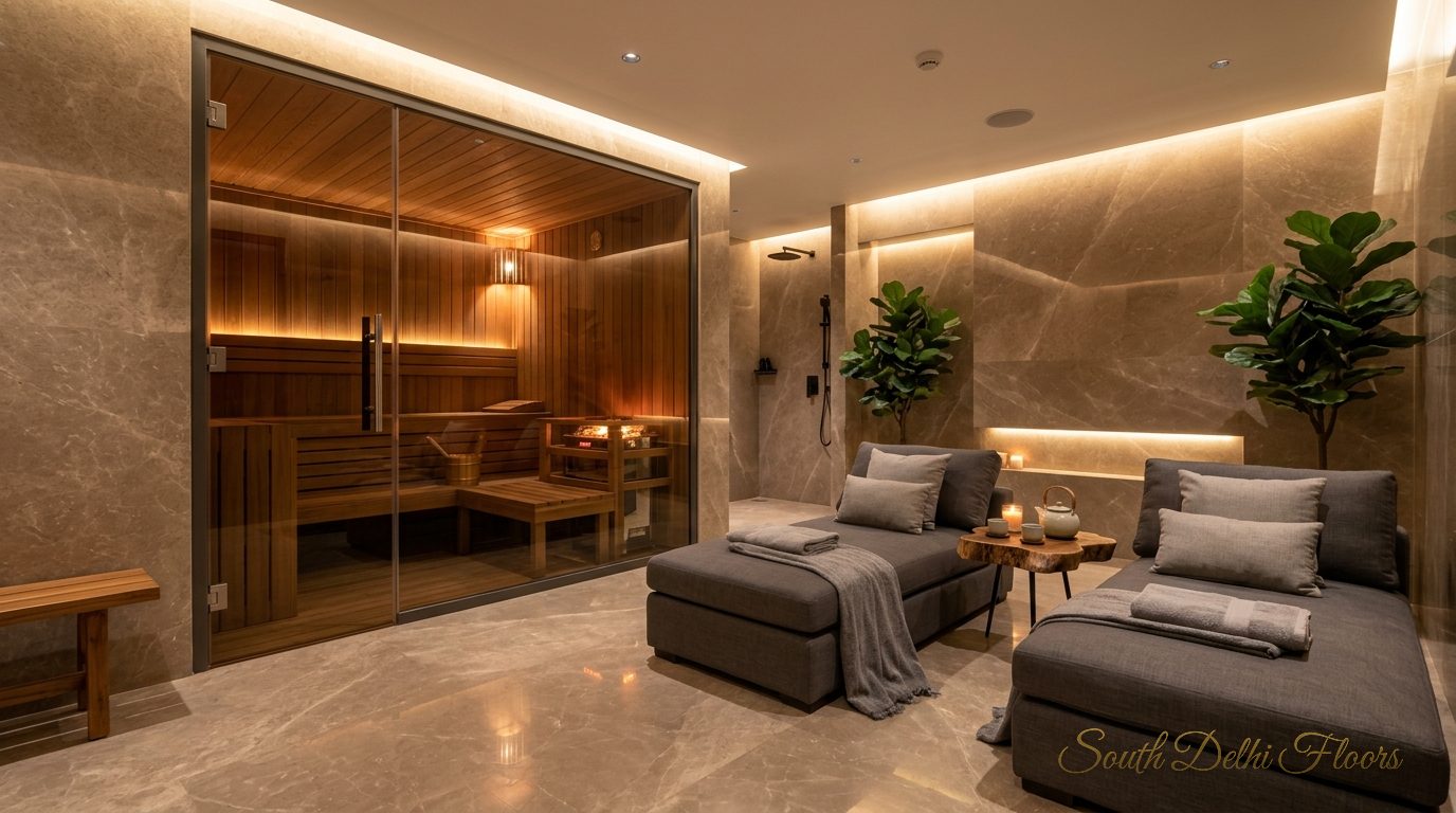 Basement spa with a timber sauna and marble loungers in the triplex in Vasant Vihar