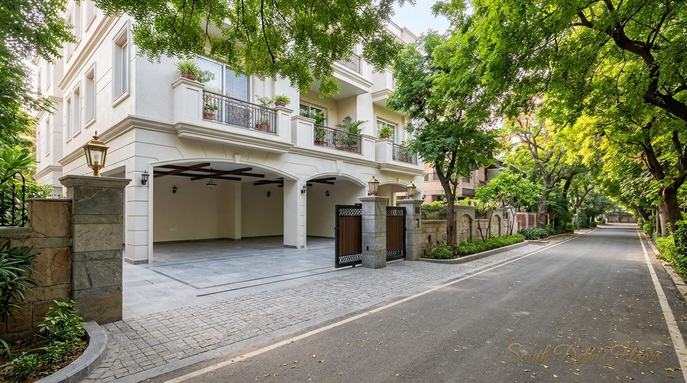Stilt parking and driveway of the triplex in Vasant Vihar on a quiet tree-lined lane in B Block