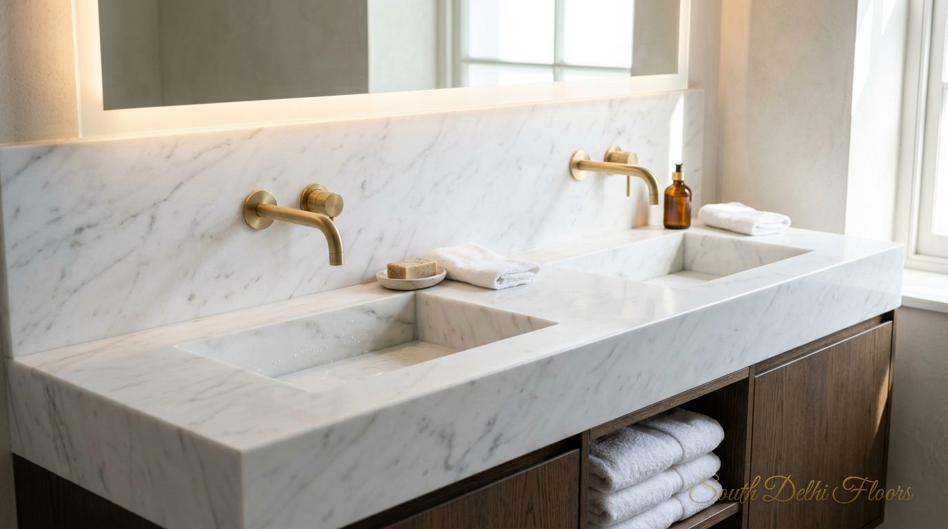 Twin-basin marble vanity with brushed-brass branded fittings in the duplex in Maharani Bagh