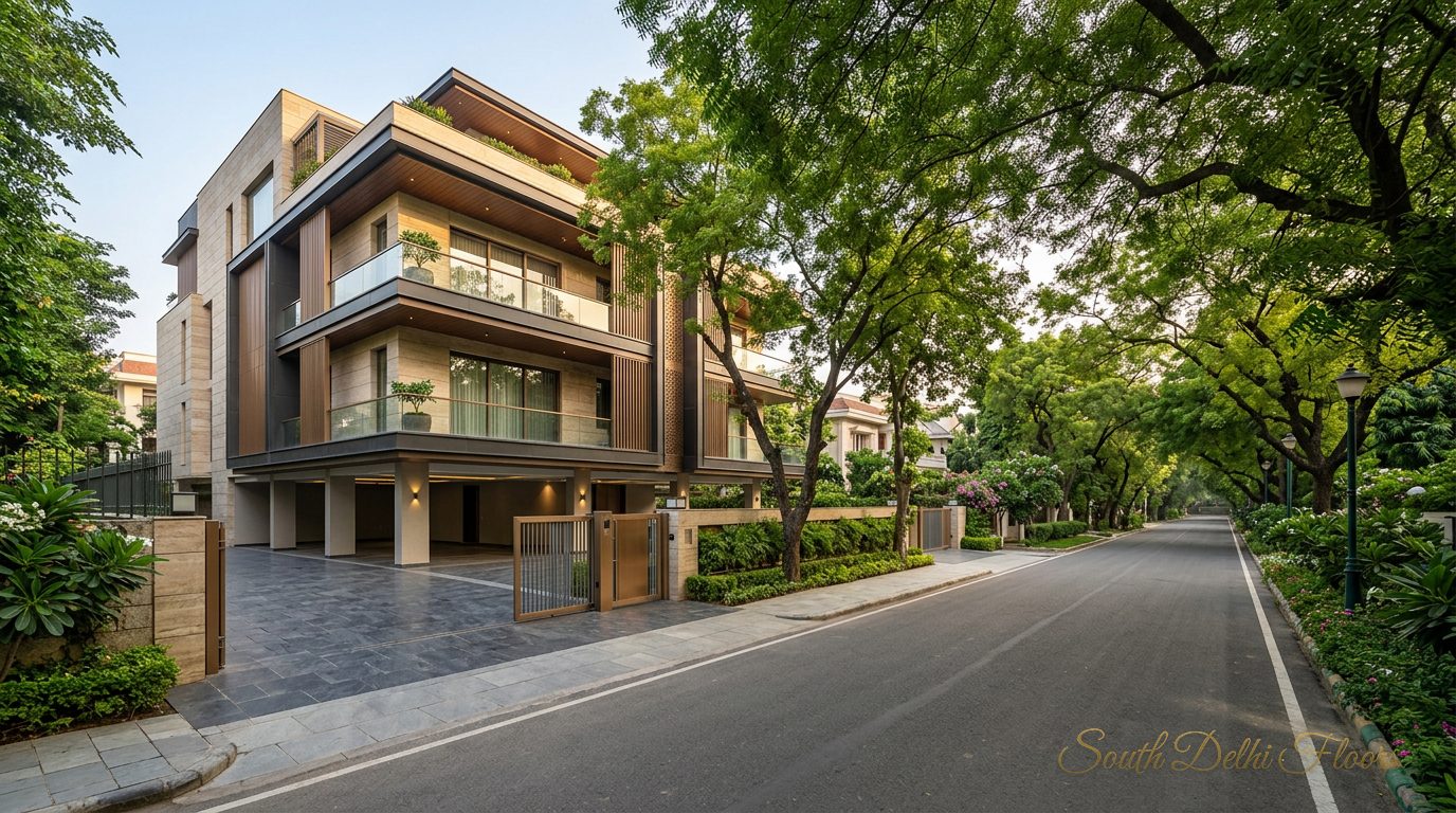 Wide tree-lined Vasant Marg in Vasant Vihar with the building's own gated driveway and stilt parking for six cars