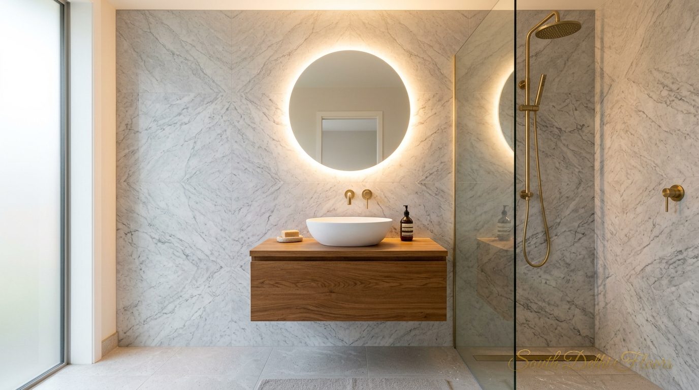 Bathroom with a backlit mirror, oak vanity and brass rain shower in the 3 BHK in Vasant Vihar