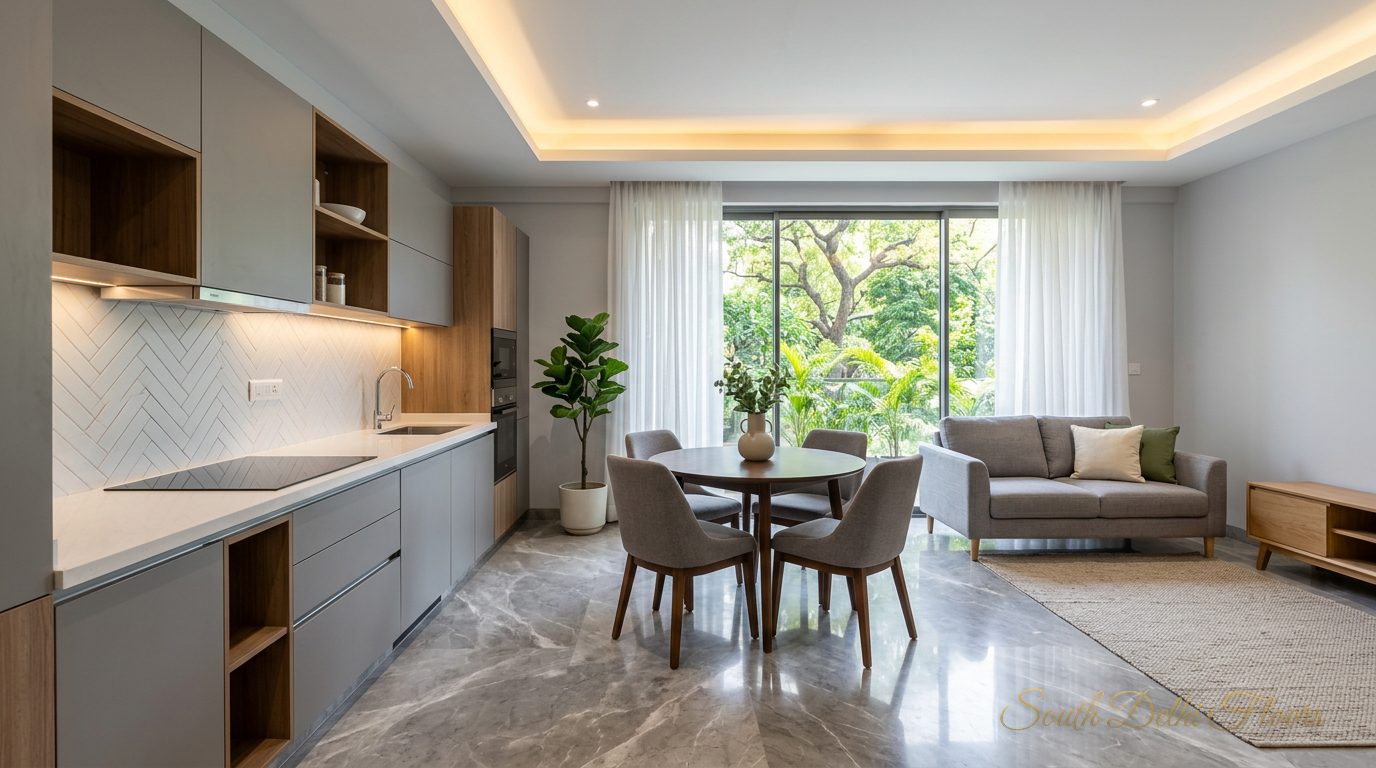 Open-plan living, dining and kitchen in the 3 BHK in Vasant Vihar
