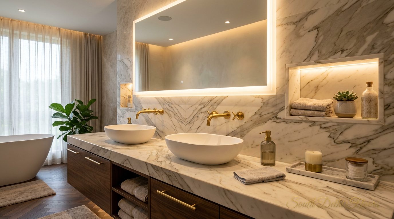 Master bathroom vanity with brass fittings on Italian marble in the 4 BHK in Vasant Vihar