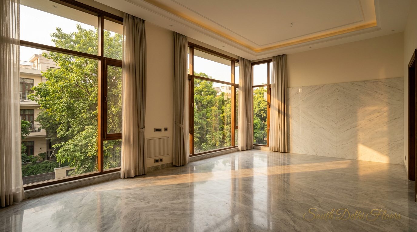 West-facing drawing room with an 11-ft ceiling and evening light in the 4 BHK in Vasant Vihar