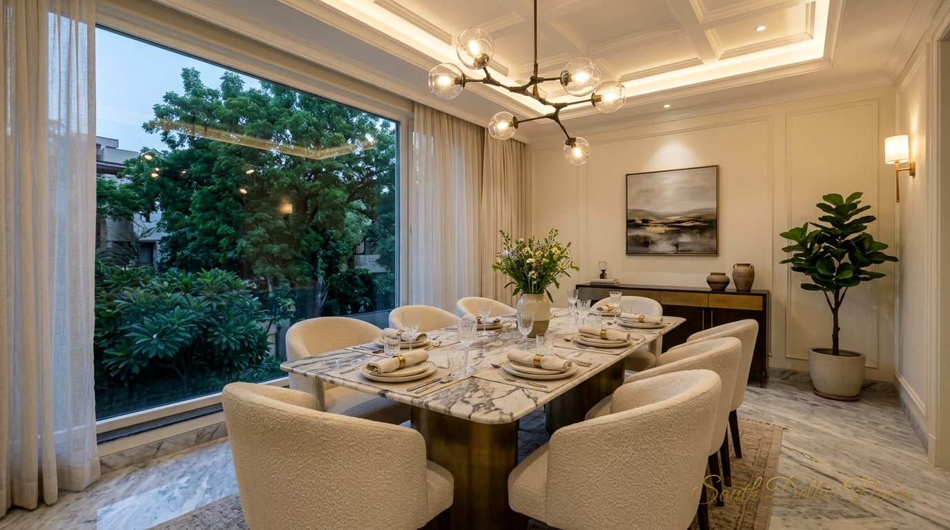 Furnished dining room with a stone-top eight-seater table and chandelier in the apartment in Vasant Vihar