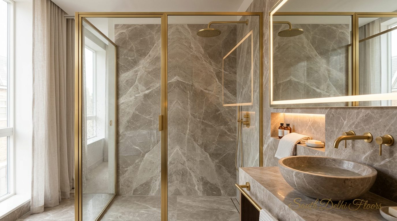 Master bathroom with a brass-framed shower and Italian marble in the apartment in Vasant Vihar