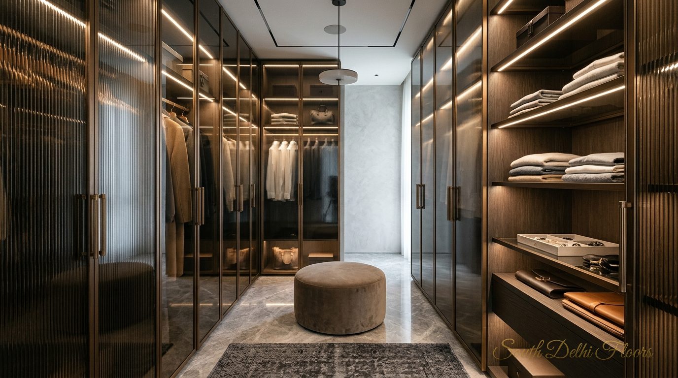 Walk-in dressing room with bespoke fluted-glass joinery in the apartment in Vasant Vihar