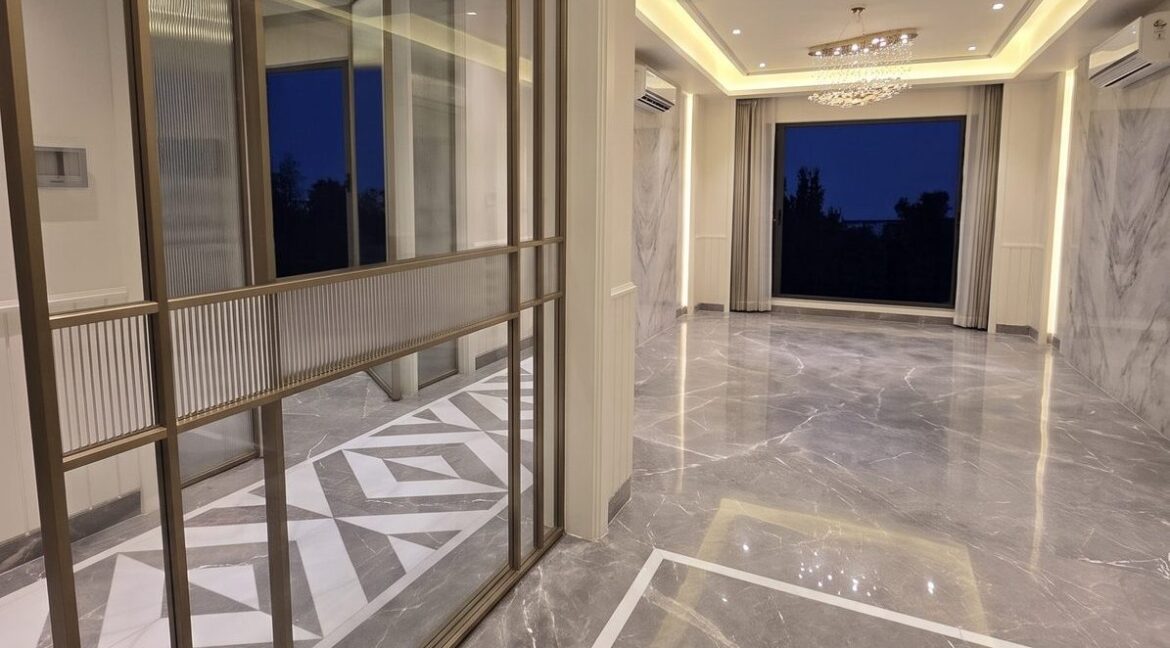 Vasant Vihar D Block – bronze-framed glass partition and living room