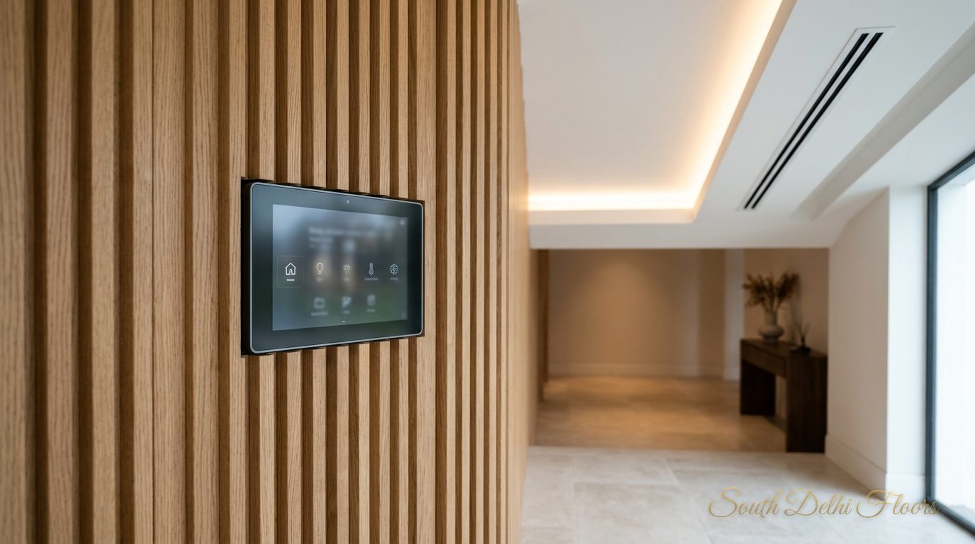 Home automation panel and concealed VRV air-conditioning diffuser in the Vasant Vihar D Block homes