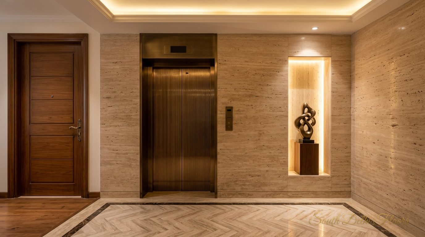 Private lift and lift lobby serving one floor of the Vasant Vihar D Block building