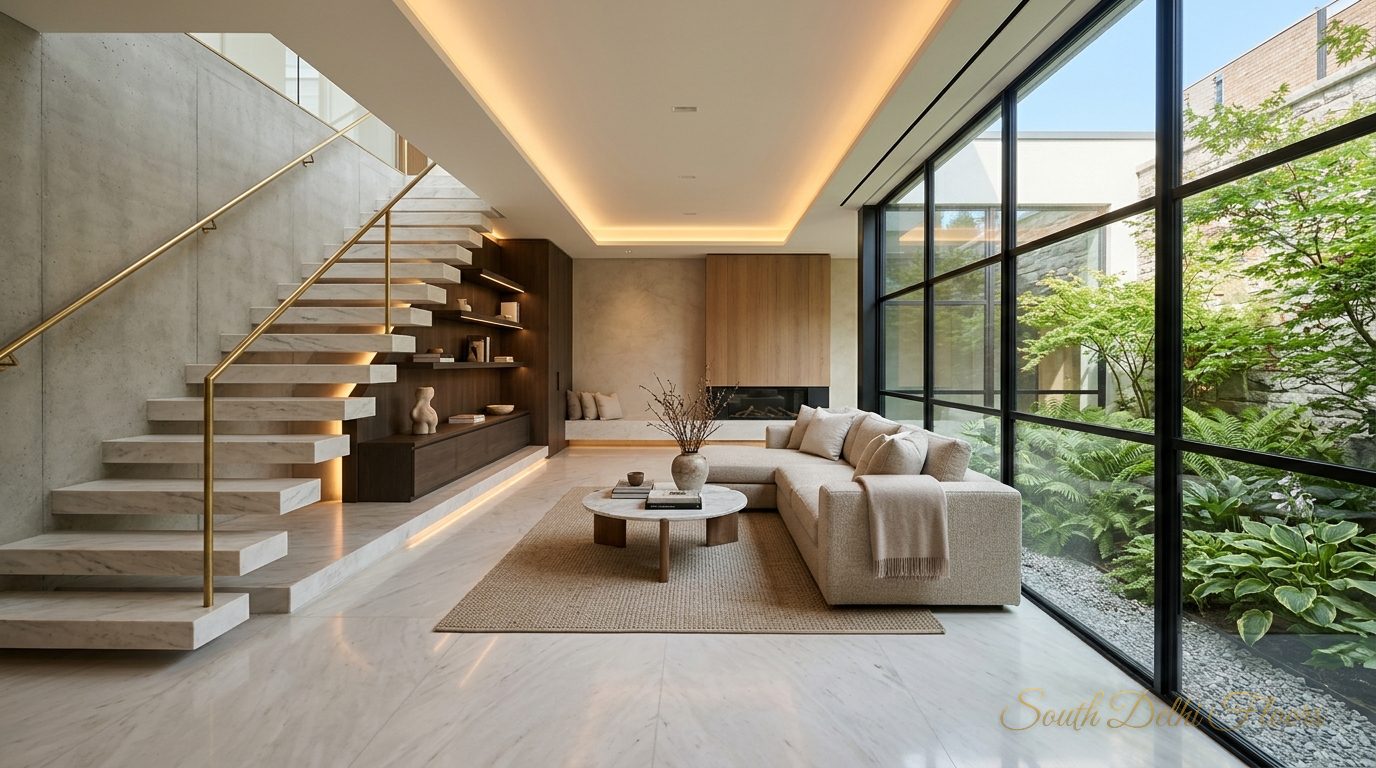 Basement family lounge with a lightwell and marble staircase in the duplex in Vasant Vihar