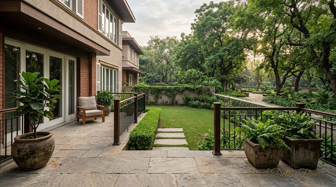 Park-facing ground-floor verandah and lawn of the duplex in Vasant Vihar, A Block