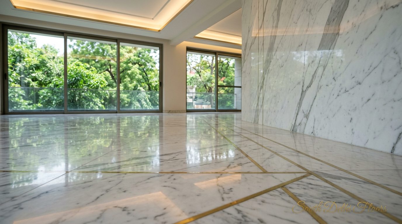 Italian marble floor with brass inlay in the house in Vasant Vihar