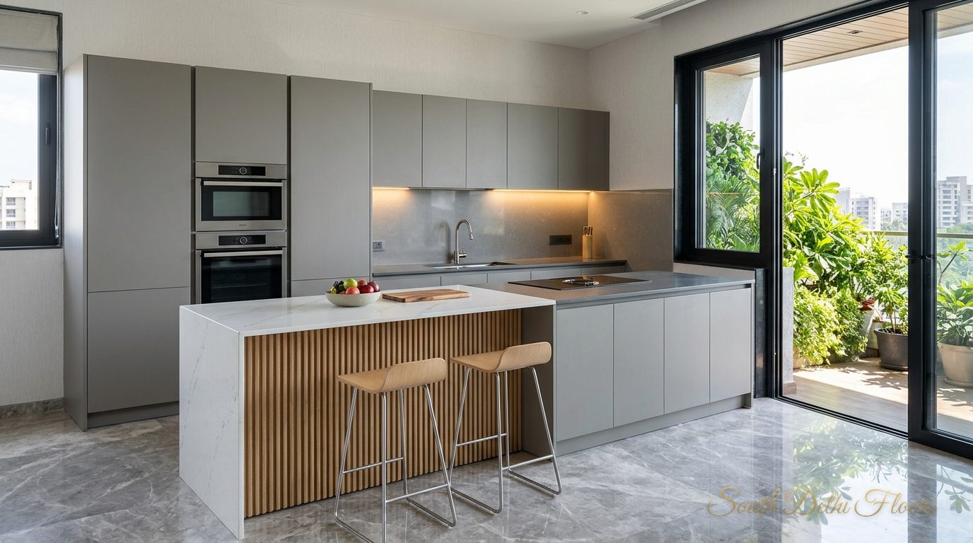 Modular kitchen with an island and built-in appliances in the house in Vasant Vihar