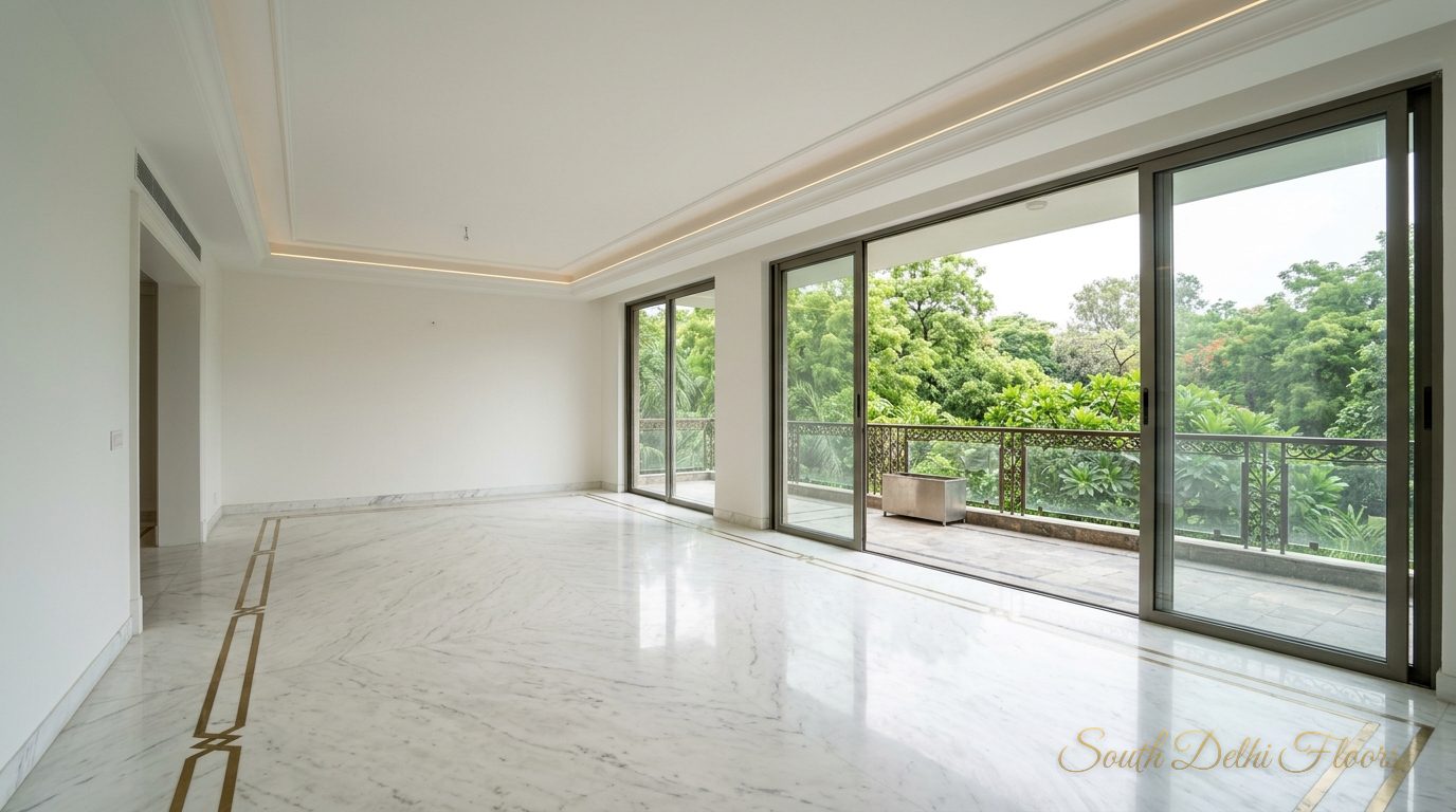 Living room with an 11-ft ceiling opening to the park in the park facing flat in Vasant Vihar