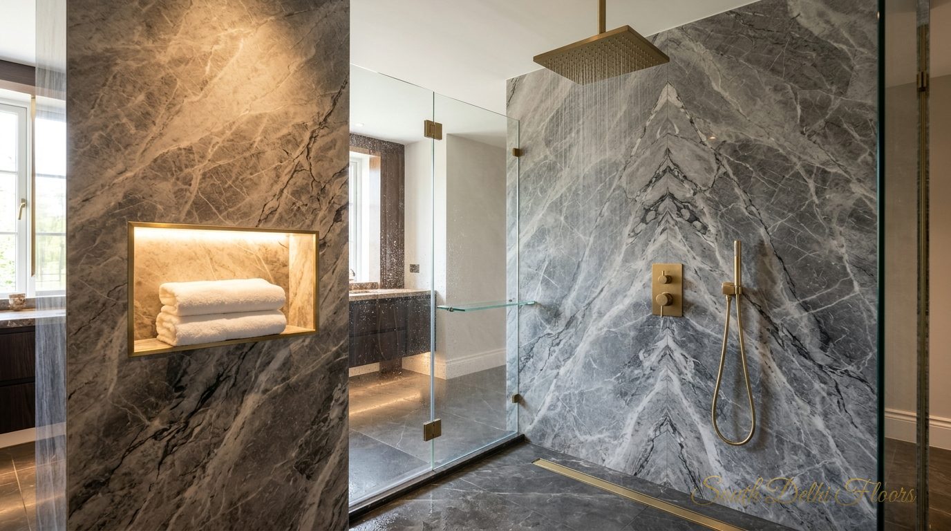 Brass rain shower on book-matched Italian marble in the park facing flat in Vasant Vihar