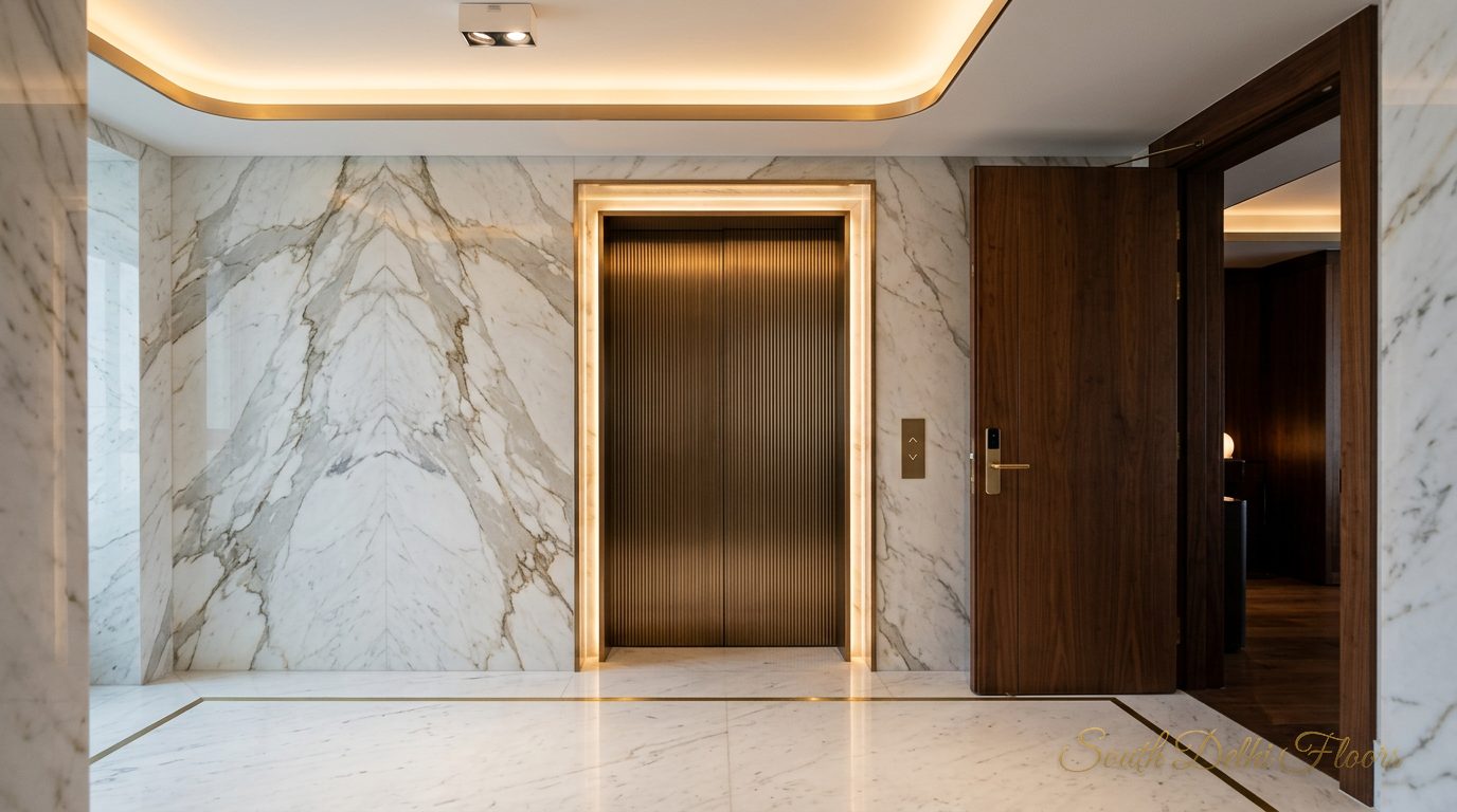 Private lift lobby with bronze doors and Italian marble at the entrance of the penthouse in Vasant Vihar