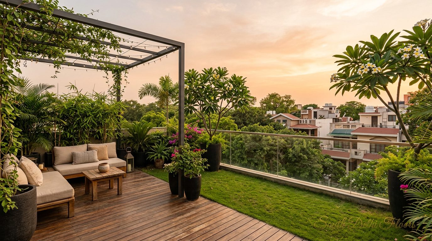 Private terrace garden above the penthouse in Vasant Vihar at golden hour, with a pergola lounge and the tree canopy beyond